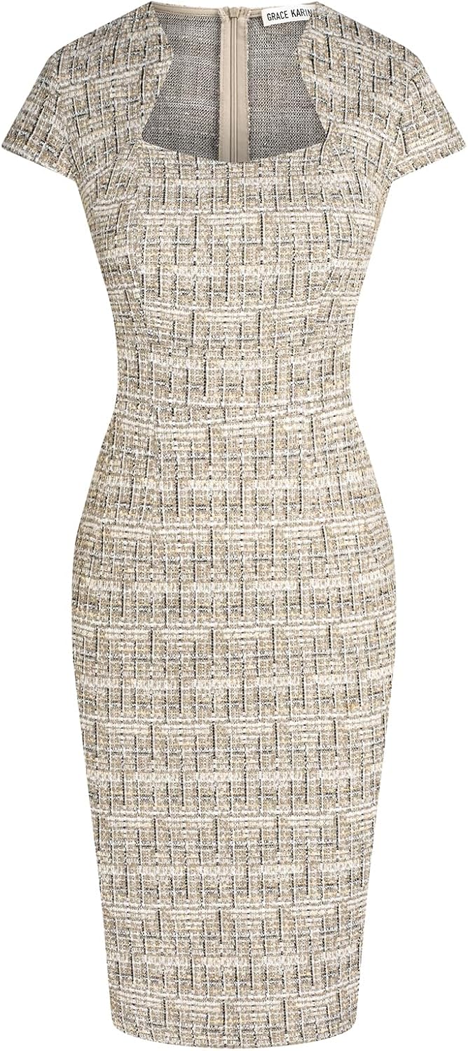 GRACE KARIN Work Dresses for Women Tweed Pencil Dress | Cap sleeve, Knee-length, Zipper back, Sweetheart neck, Stretch fabric, Formal office work business sheath dress