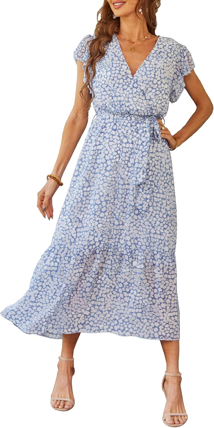 PRETTYGARDEN Women's Summer Floral Boho Maxi Dress | Short Sleeve Wrap V Neck, Long Flowy Ruffle Dresses, Spring Wedding Guest Outfits for Beach Vacation, Resort Wear, Tea Party