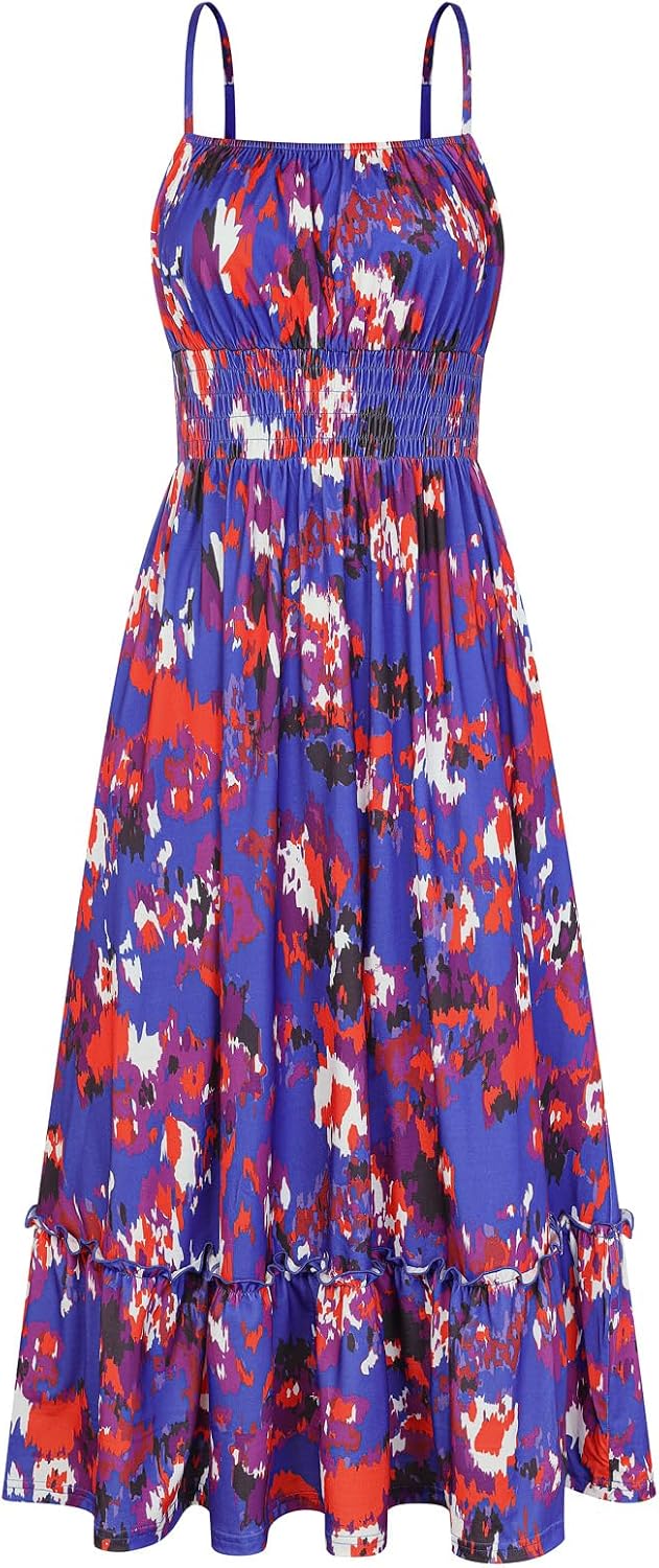 GRACE KARIN Summer Dresses for Women 2026 Vacation Boho Maxi Sundress | Casual, Smocked Waist, Floral Printed, Spaghetti Strap, Sleeveless, Beach Dresses With Pockets, Fashion Outfits