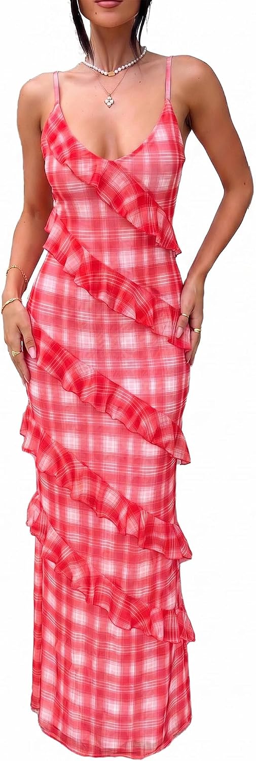 HOCILLE Women's Sexy V Neck Mesh Bodycon Wedding Guest Cocktail Maxi Dress | Sundress Spaghetti Strap Elegant Ruffle Party Long Dresses