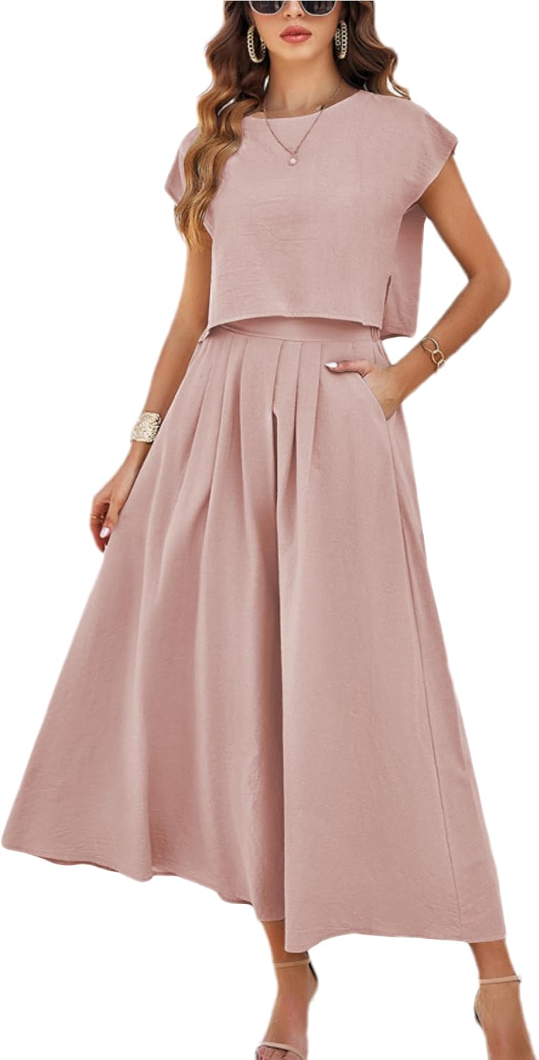 Mingzhu Womens 2 Piece Outfits Skirt Set Summer Maxi Dress Sets Pockets | Casual Outfits, Cap Sleeve, Crop Tops, Maxi Dress Sets with Pockets, Matching Lounge Sets, Vacation Travel Outfits
