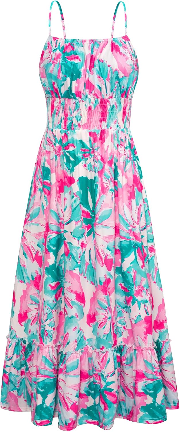 GRACE KARIN Summer Dresses for Women 2026 Vacation Boho Maxi Sundress | Casual, Smocked Waist, Floral Printed, Spaghetti Strap, Sleeveless, Beach Dresses With Pockets, Fashion Outfits