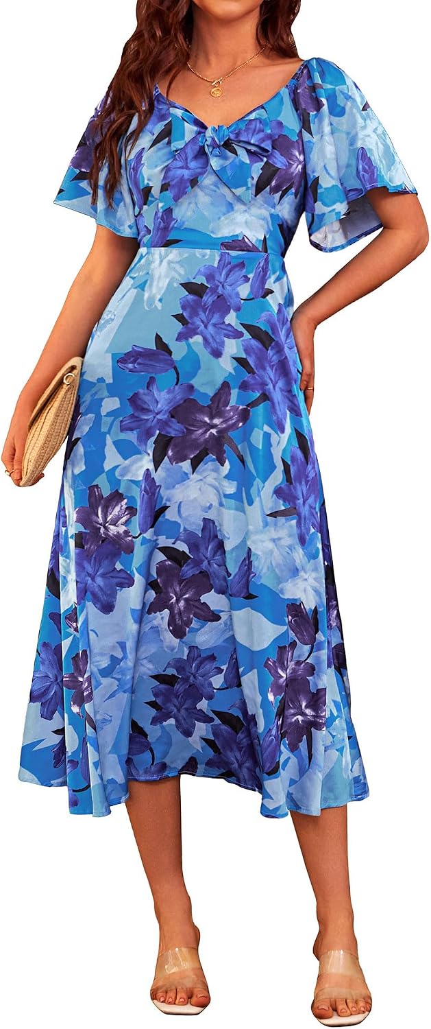 Fashionme 2026 Maxi Dress Women Satin Elegant Floral Tie Front Cap Sleeve | Summer Elegant Smocked Dress,Deep V Neck,Casual Sun Dress,Wedding Guest Graduation Vacation Beach Tea Party, XS-3XL