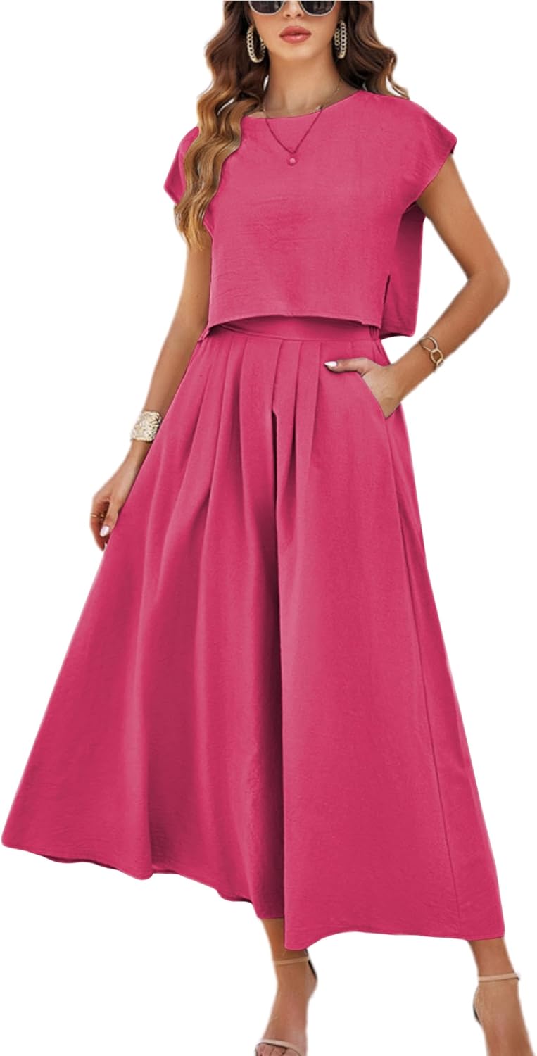 Mingzhu Womens 2 Piece Outfits Skirt Set Summer Maxi Dress Sets Pockets | Casual Outfits, Cap Sleeve, Crop Tops, Maxi Dress Sets with Pockets, Matching Lounge Sets, Vacation Travel Outfits