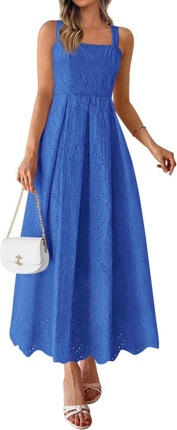 PRETTYGARDEN Womens Sleeveless Eyelet Summer Dresses Pockets | Hollow Out Embroidered Cotton,Adjustable Straps,Square Neck Ruffle Maxi Dress,Smocked back,Flowy Beach Vacation Sundress