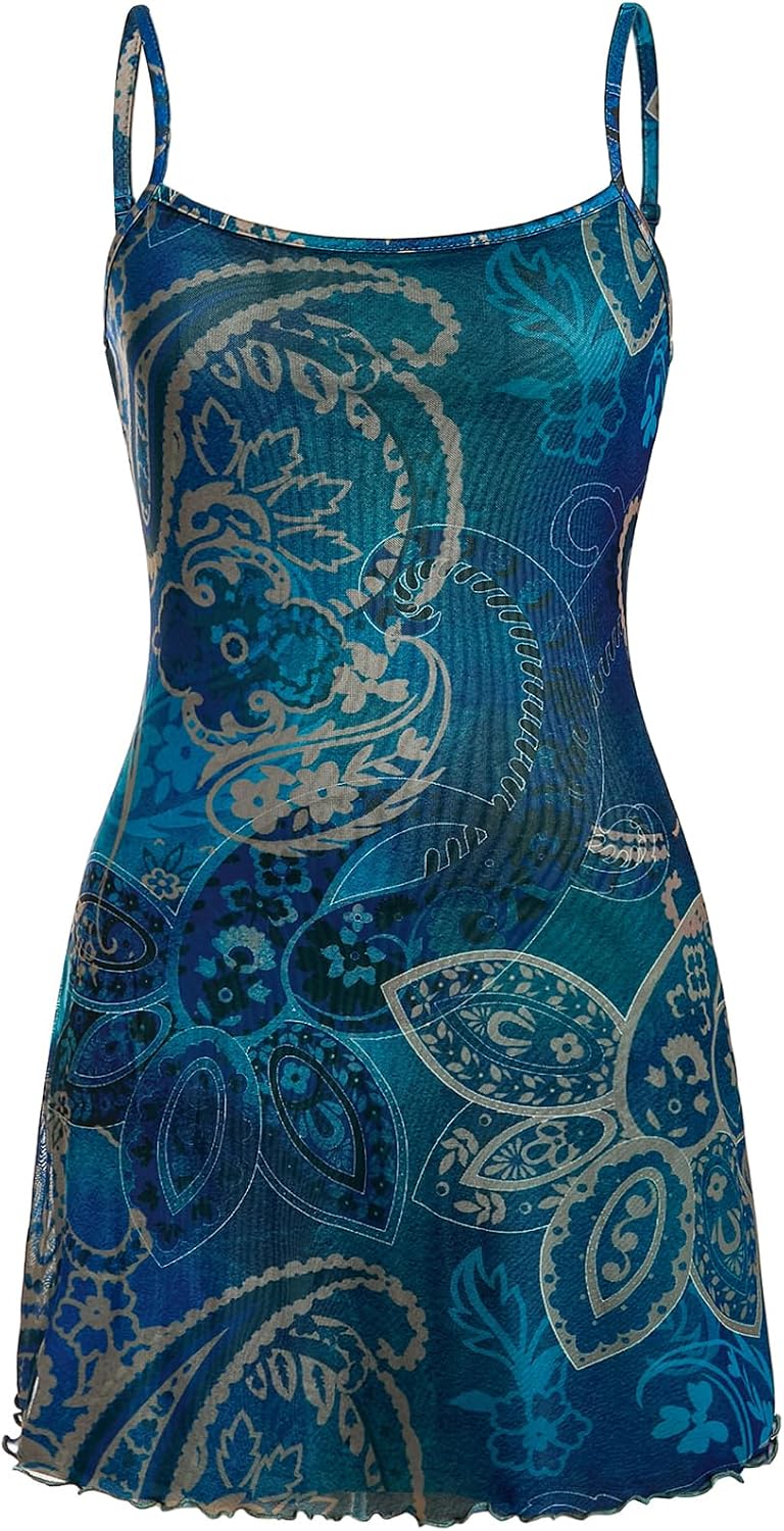Milumia Women\u2018s Summer Mini Dress 90s Boho A Line Mesh Short Dresses | Spaghetti Strap,Sleeveless,Vintage,Paisley Print,Festival Outfits,Cowgirl,Y2k,Goth