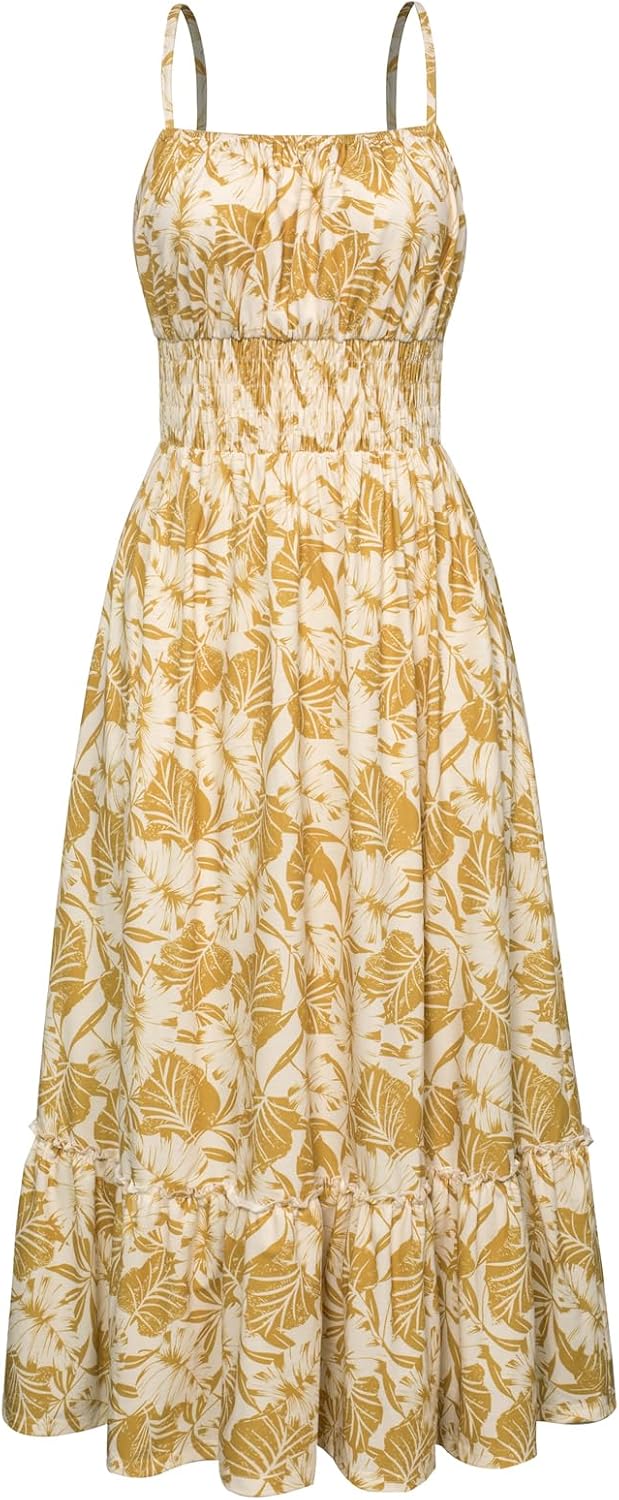 GRACE KARIN Summer Dresses for Women 2026 Vacation Boho Maxi Sundress | Casual, Smocked Waist, Floral Printed, Spaghetti Strap, Sleeveless, Beach Dresses With Pockets, Fashion Outfits