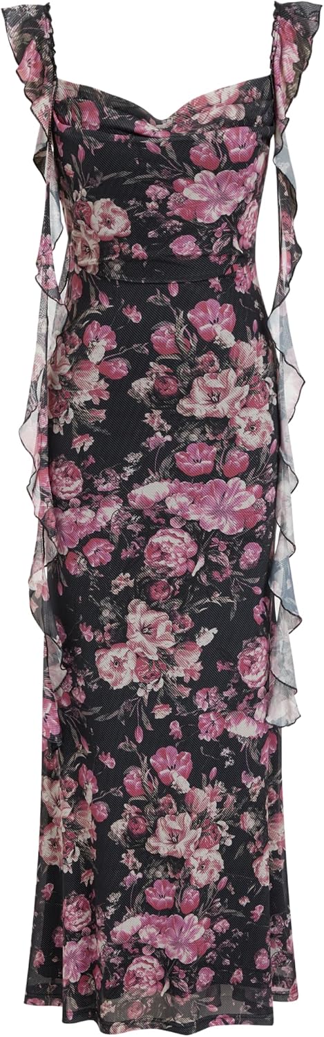 CIDER Women's Wedding Guest Dress Sleeveless Mesh Ruffle Maxi Formal Dress | Stretchy Tie Back, Summer Fall Wedding, Baby Shower, Cocktail, Vacation, Bodycon Elegant Outfits
