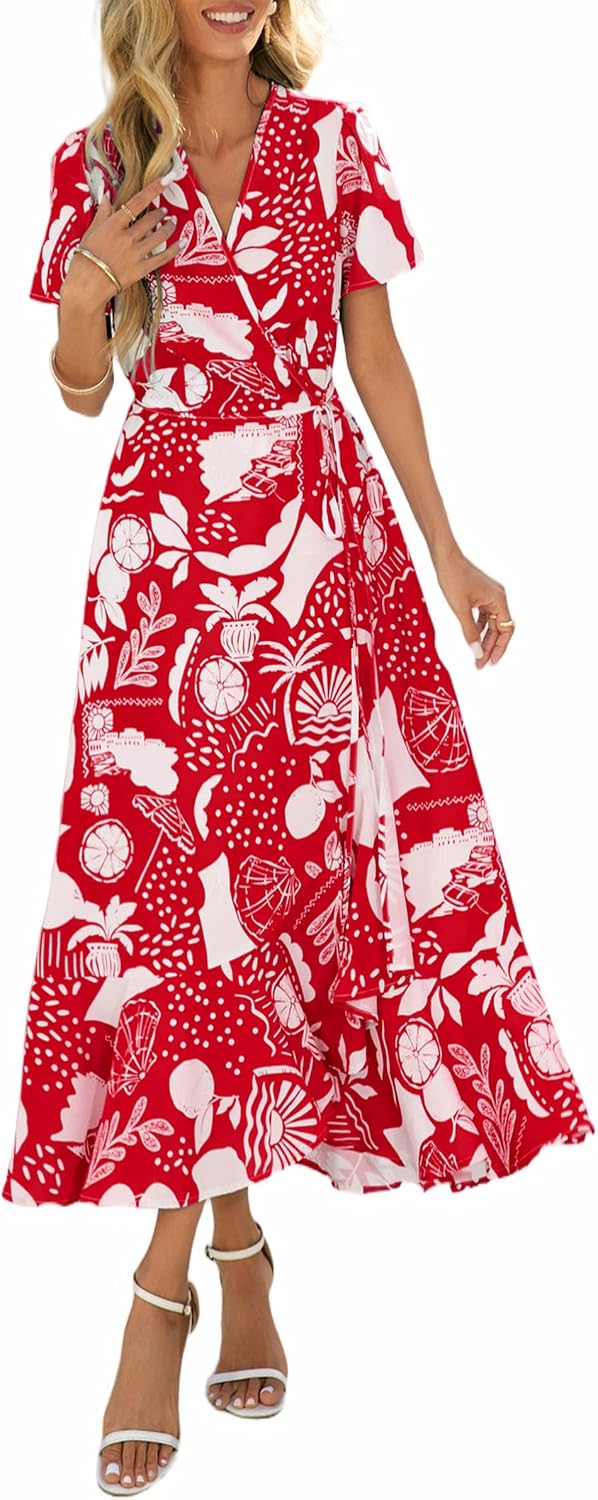 PRETTYGARDEN Women's Boho Floral Summer Maxi Dresses | Short Sleeve Wrap V Neck, Long Flowy Sundress, Spring Wedding Guest Party Outfits, Ruffle Beach Vacation Dress, Resort Wear