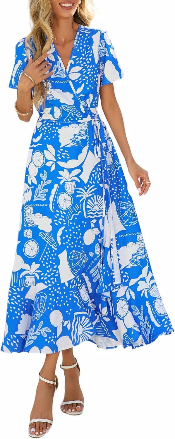 PRETTYGARDEN Women's Boho Floral Summer Maxi Dresses | Short Sleeve Wrap V Neck, Long Flowy Sundress, Spring Wedding Guest Party Outfits, Ruffle Beach Vacation Dress, Resort Wear