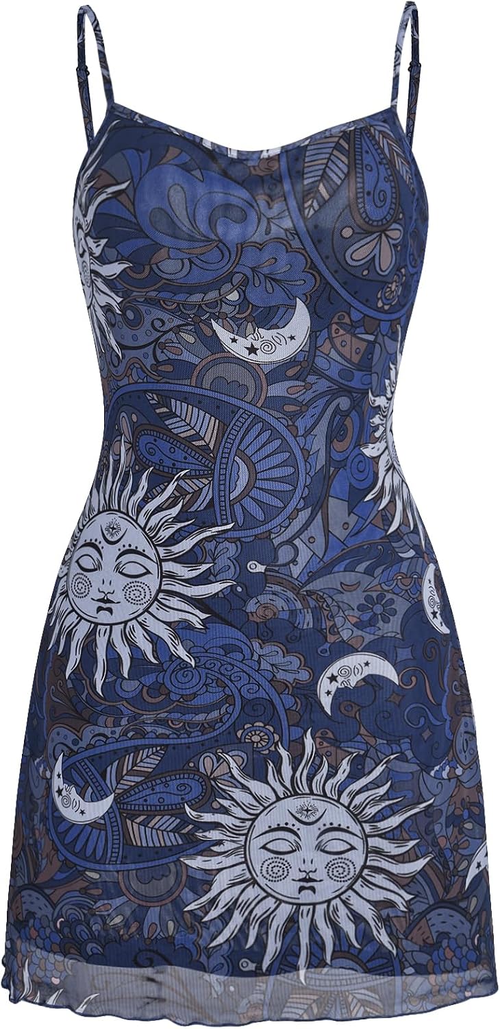 Milumia Women\u2018s Summer Mini Dress 90s Boho A Line Mesh Short Dresses | Spaghetti Strap,Sleeveless,Vintage,Paisley Print,Festival Outfits,Cowgirl,Y2k,Goth