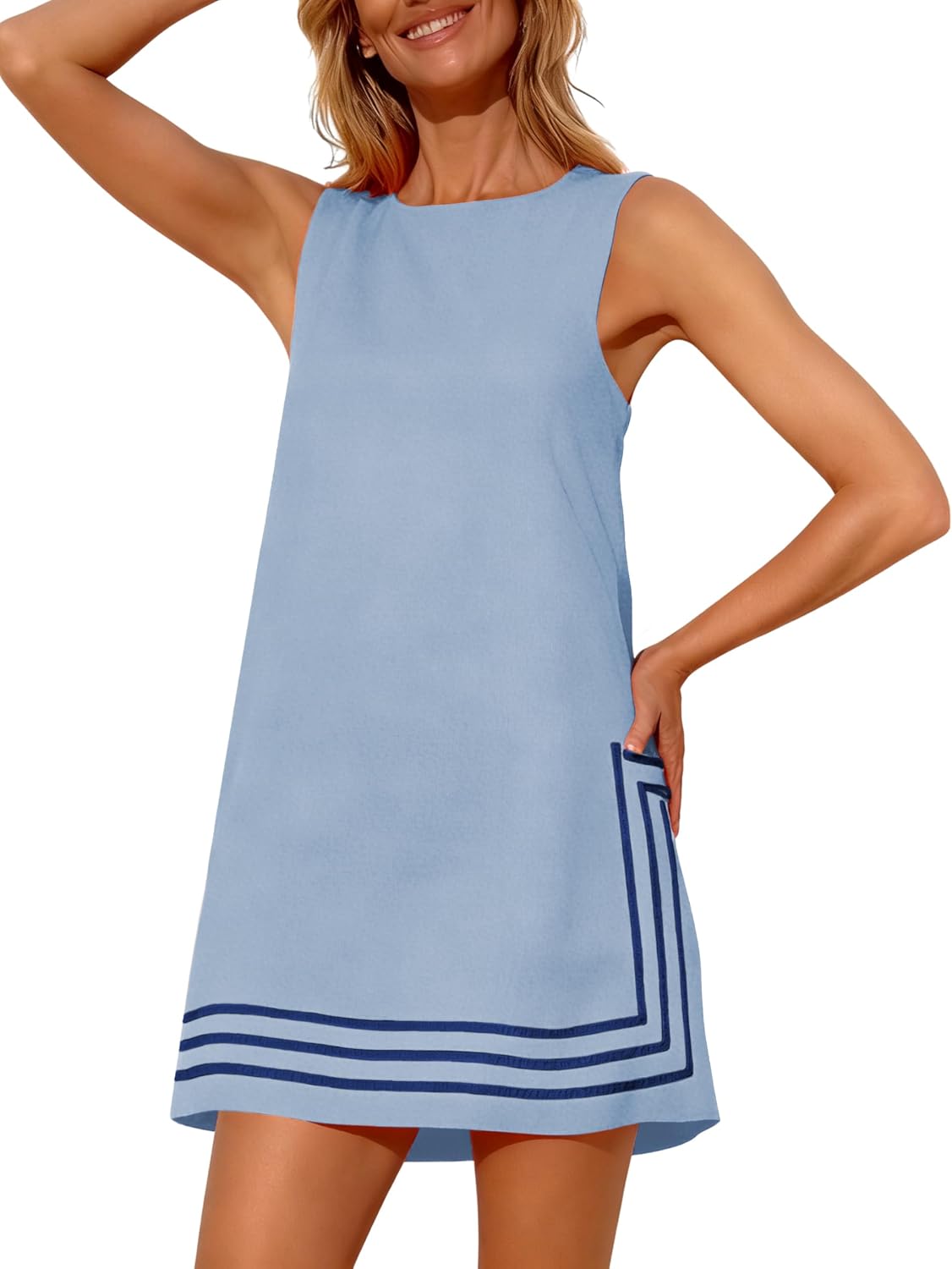 Freyhem Womens Summer Boho A-Line Mini Dress Sleeveless Sundress Color Block Beach Coverups