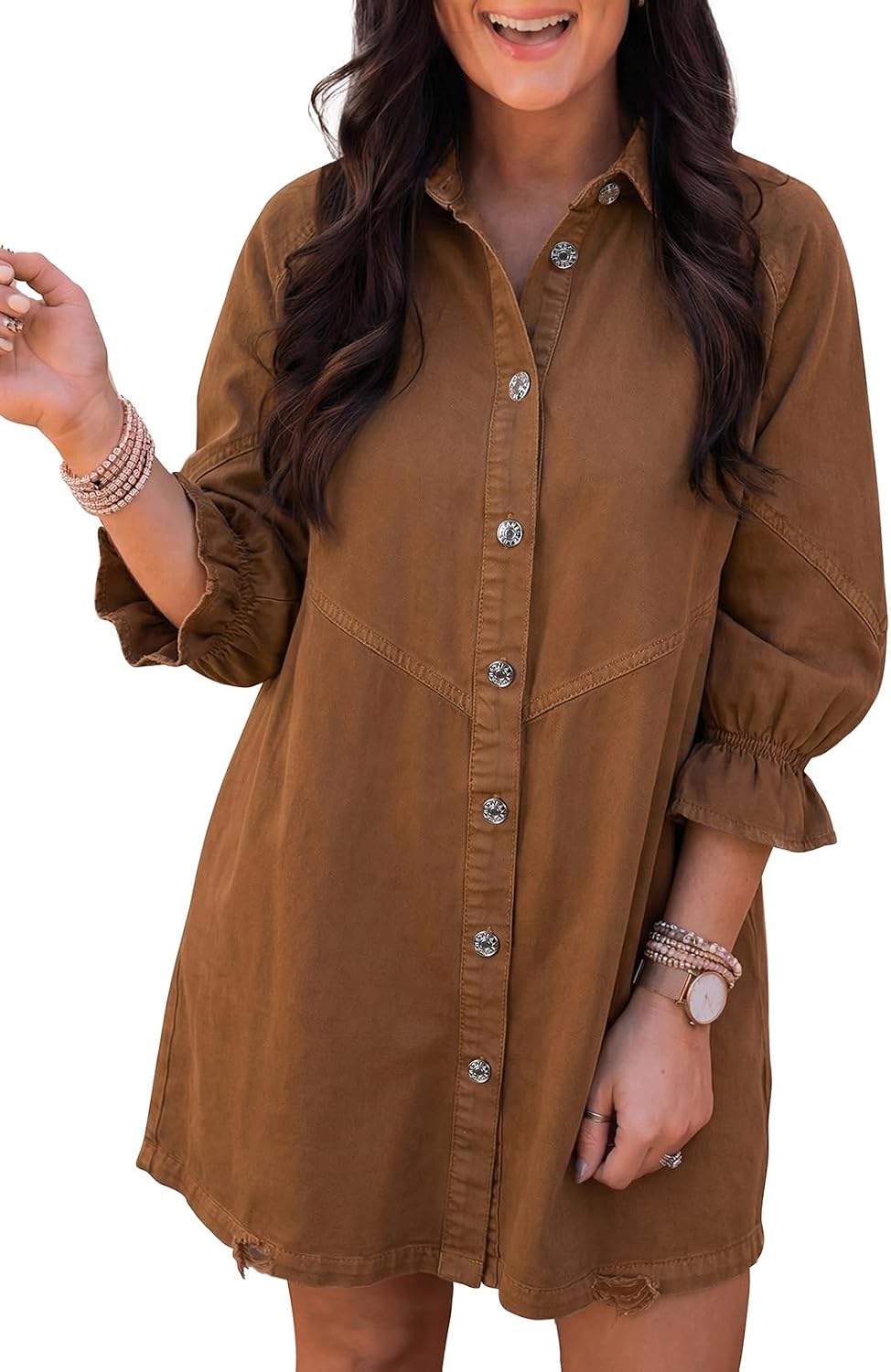 Sidefeel Womens Smocked 3 4 Sleeve Button Down Denim Jeans Dresses