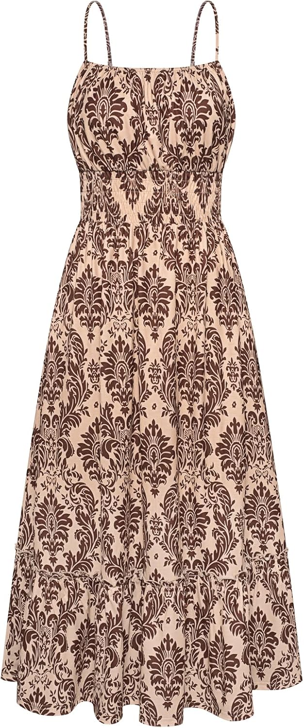 GRACE KARIN Summer Dresses for Women 2026 Vacation Boho Maxi Sundress | Casual, Smocked Waist, Floral Printed, Spaghetti Strap, Sleeveless, Beach Dresses With Pockets, Fashion Outfits