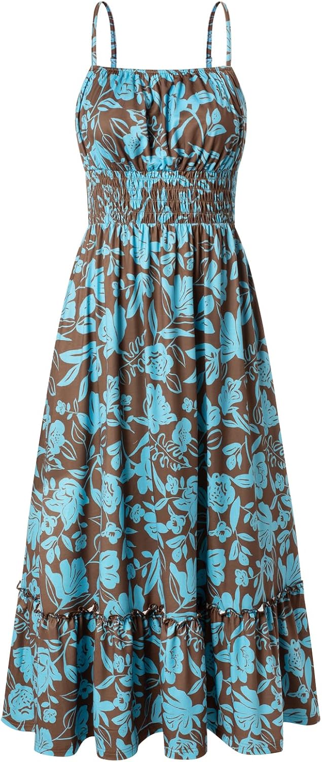 GRACE KARIN Summer Dresses for Women 2026 Vacation Boho Maxi Sundress | Casual, Smocked Waist, Floral Printed, Spaghetti Strap, Sleeveless, Beach Dresses With Pockets, Fashion Outfits
