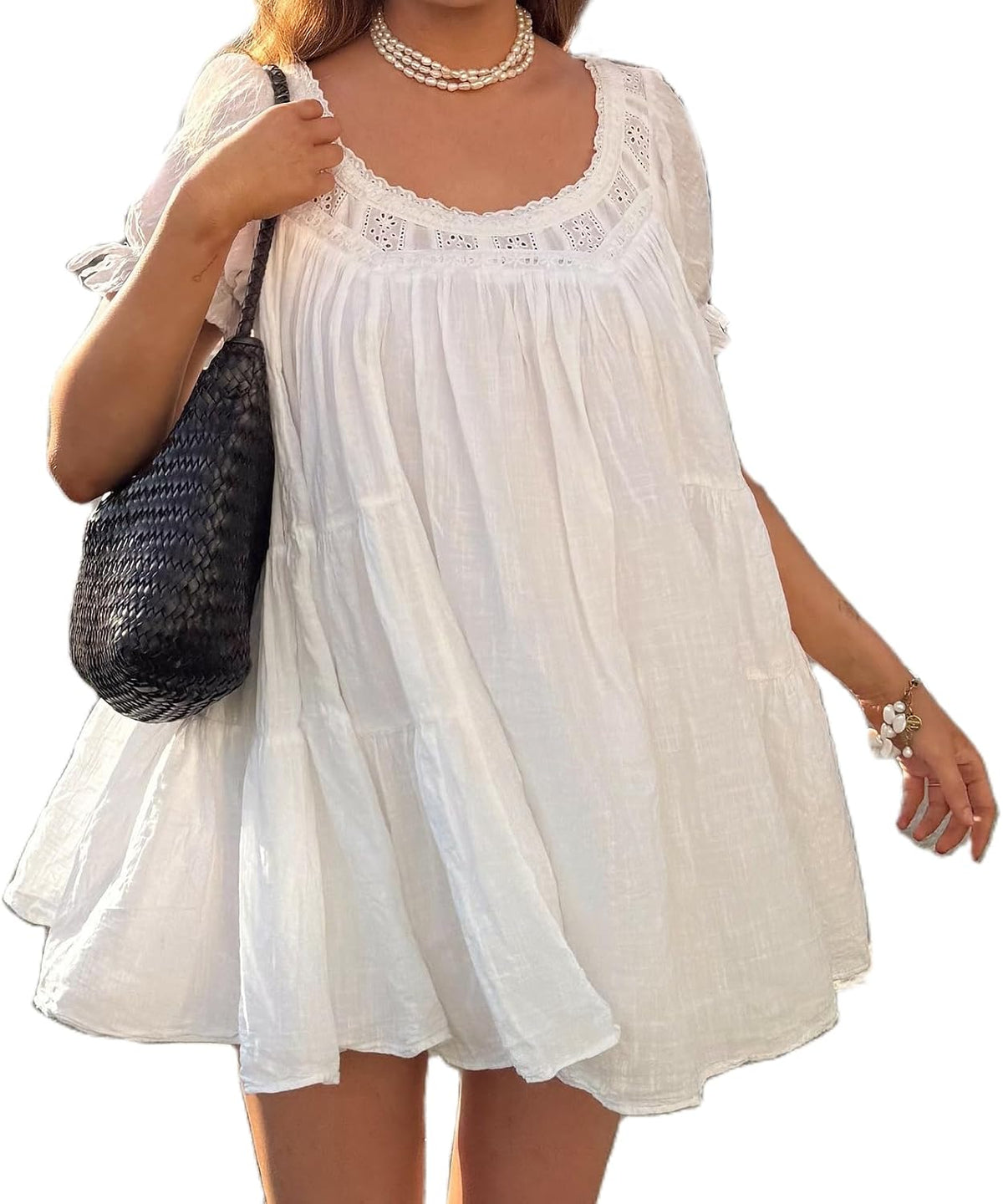Women Puff Sleeve Babydoll Mini Dress Y2K Lace Trim Ruffle Flowy Dress | Summer Eyelet Loose Swing Dresses Cute Bow Tie Going Out Sundress Casual Boho Beach Vacation A-Line Short Sundress