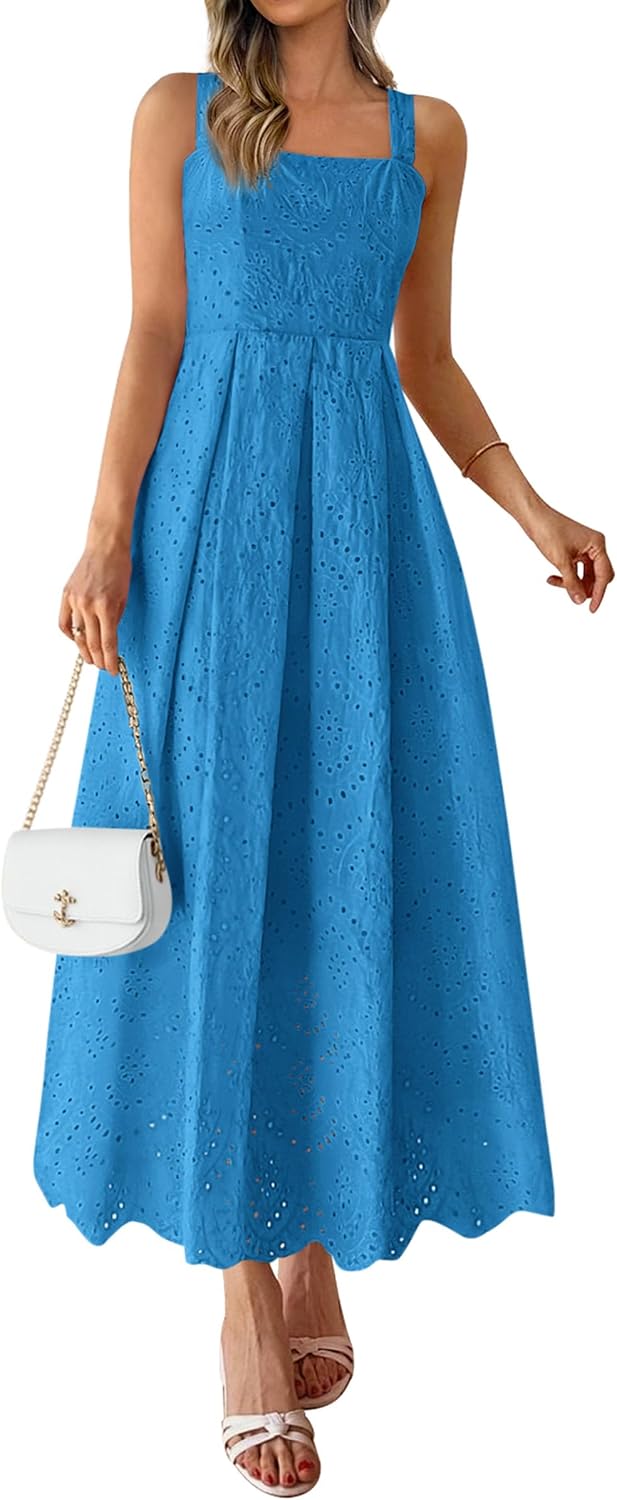 PRETTYGARDEN Womens Sleeveless Eyelet Summer Dresses Pockets | Hollow Out Embroidered Cotton,Adjustable Straps,Square Neck Ruffle Maxi Dress,Smocked back,Flowy Beach Vacation Sundress