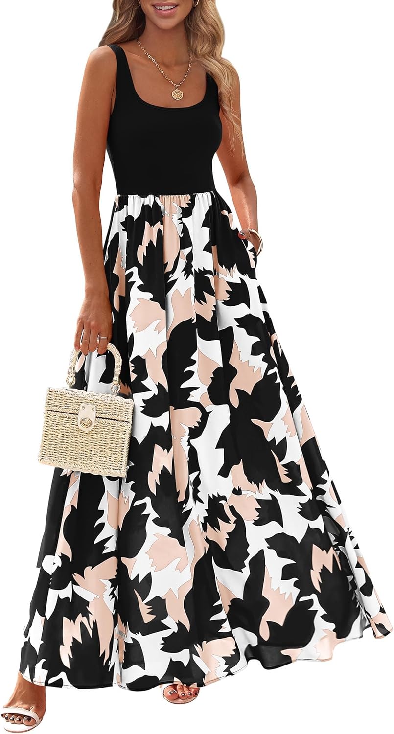 KIRUNDO Women's Summer Maxi Dress Boho Floral Long Sundress | Sleeveless Scoop Neck Tank, Flowy A Line, Bohemian Hawaiian Style Tropical Dresses Pockets, Beach Vacation Cruise Resort Wear