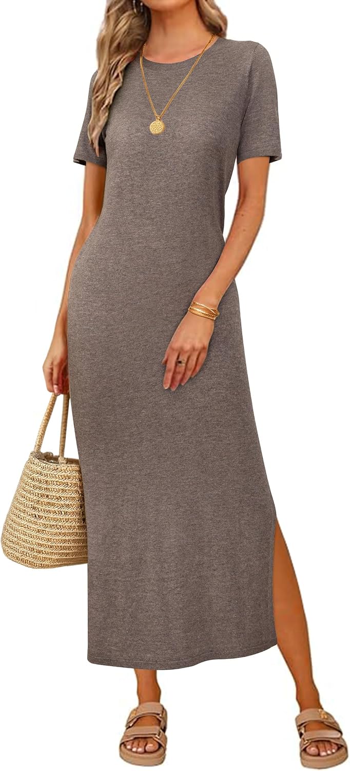 Arach&Cloz Women's Wool Blend Fall Business Casual T Shirts Maxi Dress | Soft Wool Blend, Medium Stretch & Thickness,Crew Neck short Sleeve Maxi Dress With side Slit fits,Casual And All Occasions