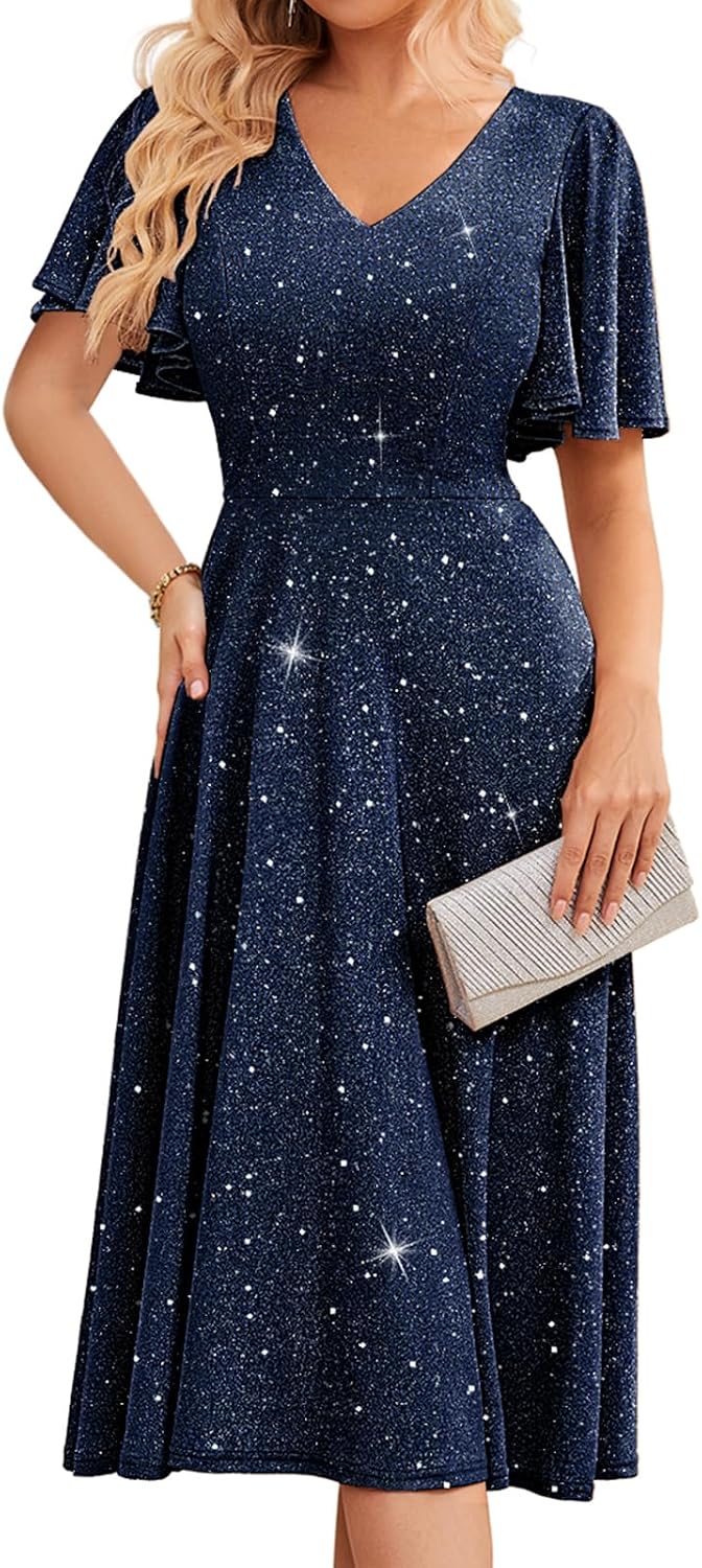 Bridesmay Women's Formal Wedding Guest Dress for Women 2026 Short Sleeve Fit and Flare Tea Party Dresses