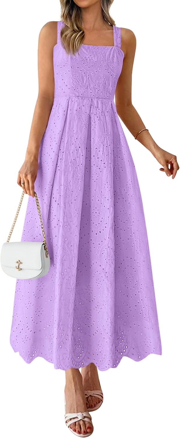 PRETTYGARDEN Womens Sleeveless Eyelet Summer Dresses Pockets | Hollow Out Embroidered Cotton,Adjustable Straps,Square Neck Ruffle Maxi Dress,Smocked back,Flowy Beach Vacation Sundress