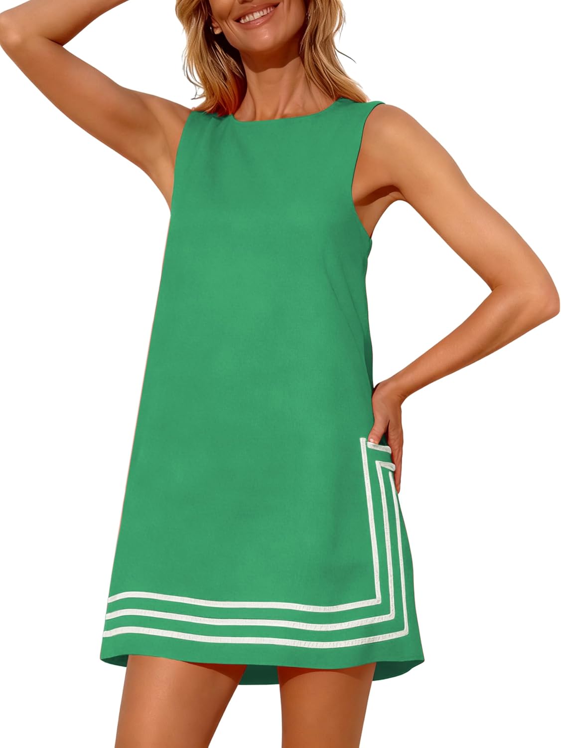 Freyhem Womens Summer Boho A-Line Mini Dress Sleeveless Sundress Color Block Beach Coverups
