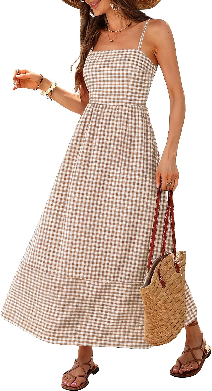 Caracilia Womens Maxi Dresses Gingham Summer Beach Outfits | Spaghetti Strap Back Smocked Cut Out, Flowy Long Sundress, Cute Travel Vacation Picnic Dress Fashion Clothes