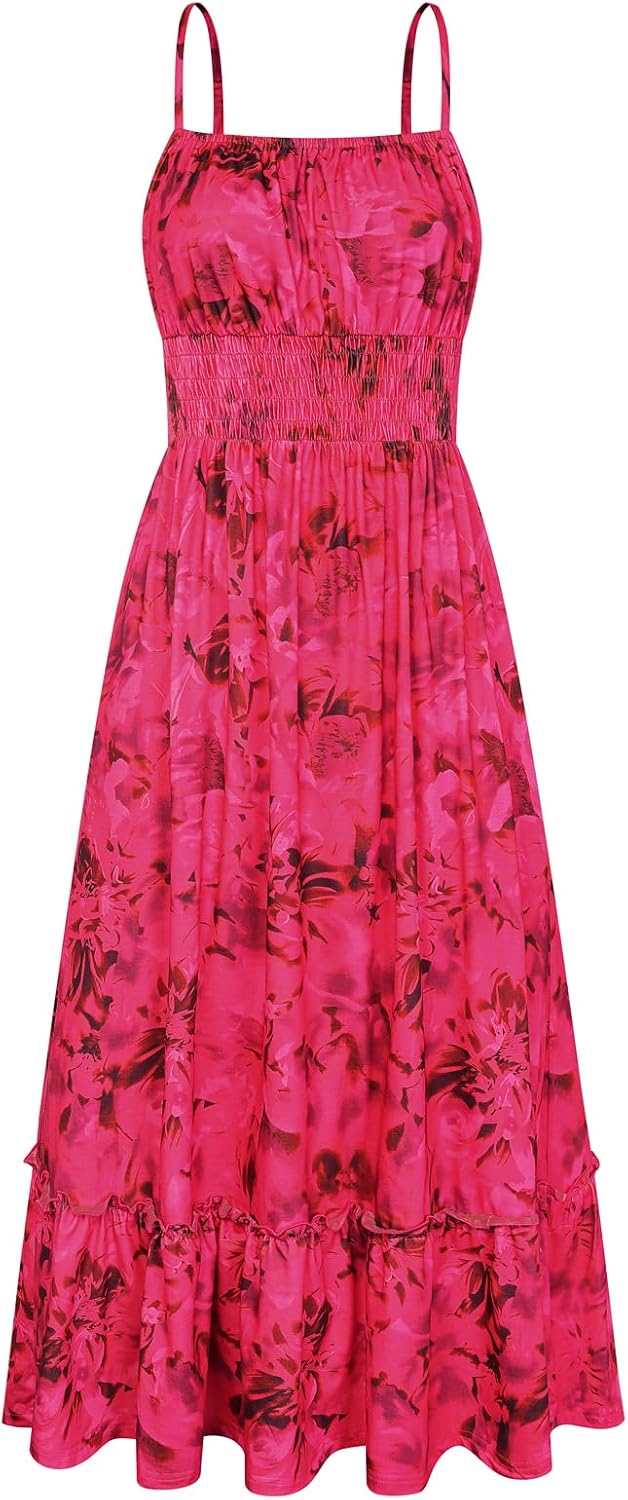GRACE KARIN Summer Dresses for Women 2026 Vacation Boho Maxi Sundress | Casual, Smocked Waist, Floral Printed, Spaghetti Strap, Sleeveless, Beach Dresses With Pockets, Fashion Outfits