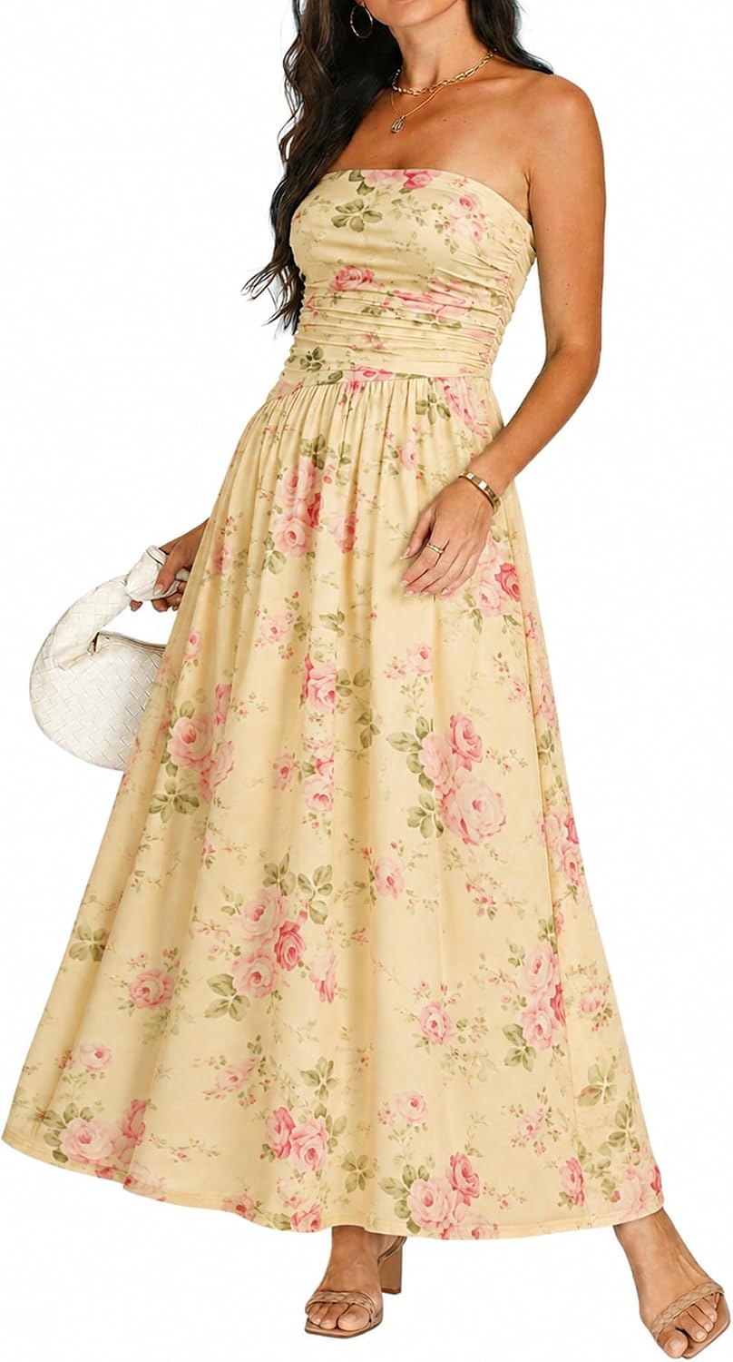 OULESIS Floral Wedding Guest Dresses for Women Mesh Long Flowy Formal Dress | Summer Floral Wedding Guest Maxi Dress for Women Strapless Tube Long Dresses Mesh Flowy Vacation Cocktail Dresses