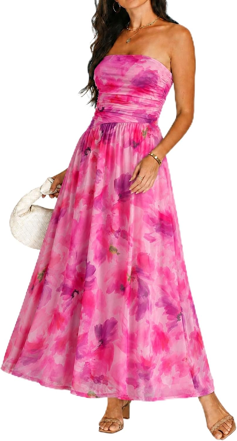 OULESIS Floral Wedding Guest Dresses for Women Mesh Long Flowy Formal Dress | Summer Floral Wedding Guest Maxi Dress for Women Strapless Tube Long Dresses Mesh Flowy Vacation Cocktail Dresses