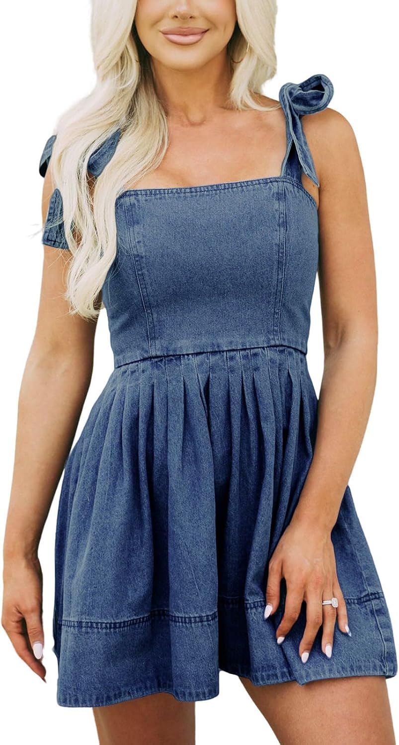 Women's Summer Tie Shoulder Sleeveless Denim Mini Dress Casual Flowy Swing Pleated Short Denim Dress