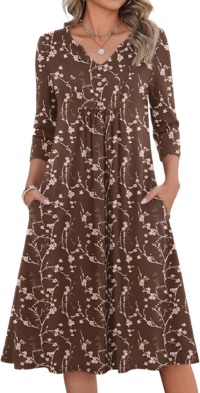 Zeagoo Womens Dresses 3\/4 Sleeve Casual Fall A Line Midi Dress with Pockets | V Neck Empire Waist Sundress, Button Decor, Floral, Boho, Solid Color, Loose Fit, Flowy, Vacation Sundresses