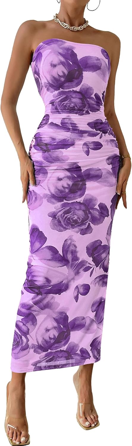 PRETTYGARDEN Women's Strapless Bodycon Floral Maxi Dress | Stretchy Lined Mesh, Long Tube Dresses, Ruched Slit, Spring Summer Y2K Outfits for Wedding, Date Night Party, Beach Vacation