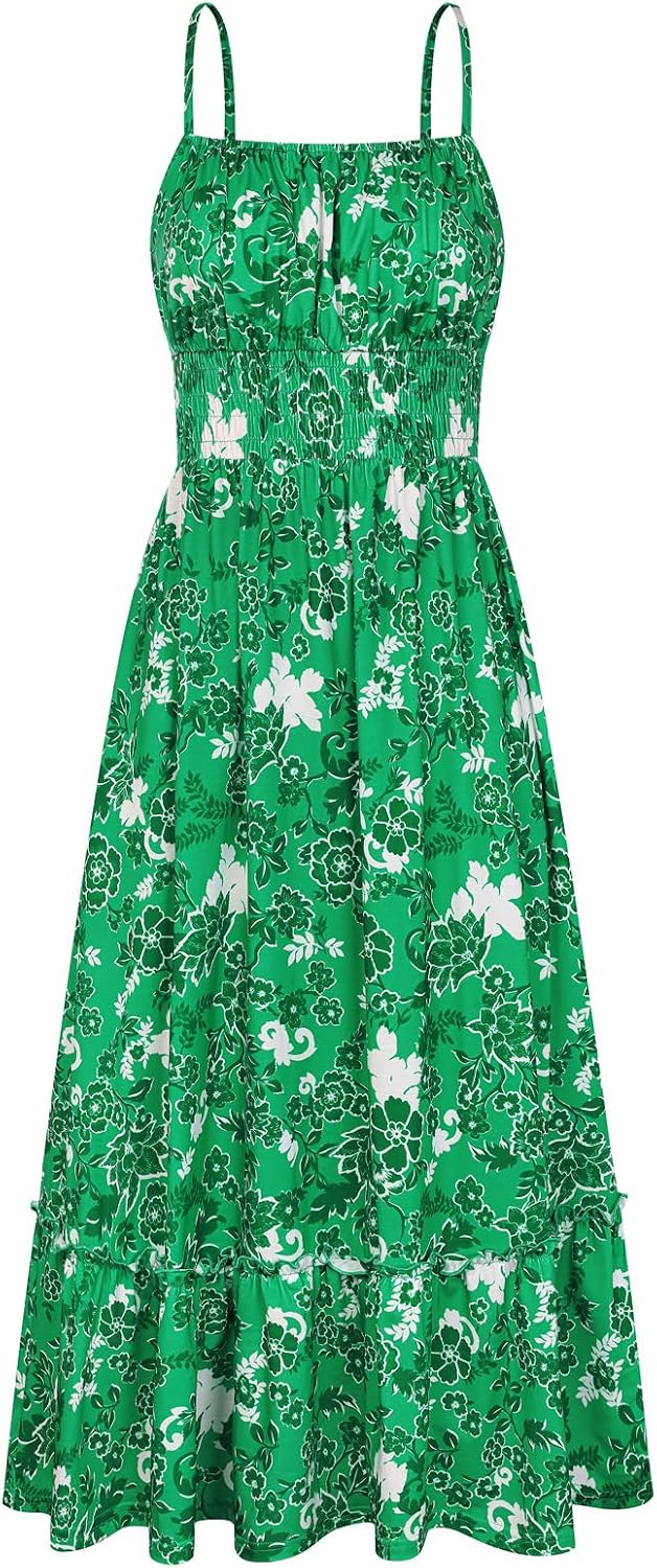 GRACE KARIN Summer Dresses for Women 2026 Vacation Boho Maxi Sundress | Casual, Smocked Waist, Floral Printed, Spaghetti Strap, Sleeveless, Beach Dresses With Pockets, Fashion Outfits