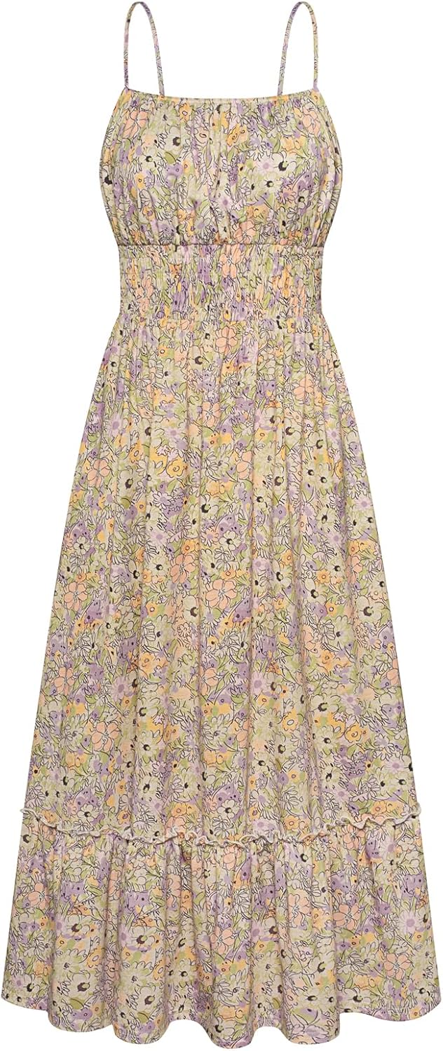 GRACE KARIN Summer Dresses for Women 2026 Vacation Boho Maxi Sundress | Casual, Smocked Waist, Floral Printed, Spaghetti Strap, Sleeveless, Beach Dresses With Pockets, Fashion Outfits