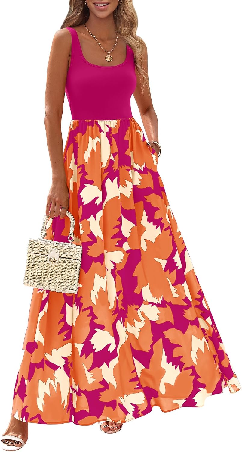 KIRUNDO Women's Summer Maxi Dress Boho Floral Long Sundress | Sleeveless Scoop Neck Tank, Flowy A Line, Bohemian Hawaiian Style Tropical Dresses Pockets, Beach Vacation Cruise Resort Wear