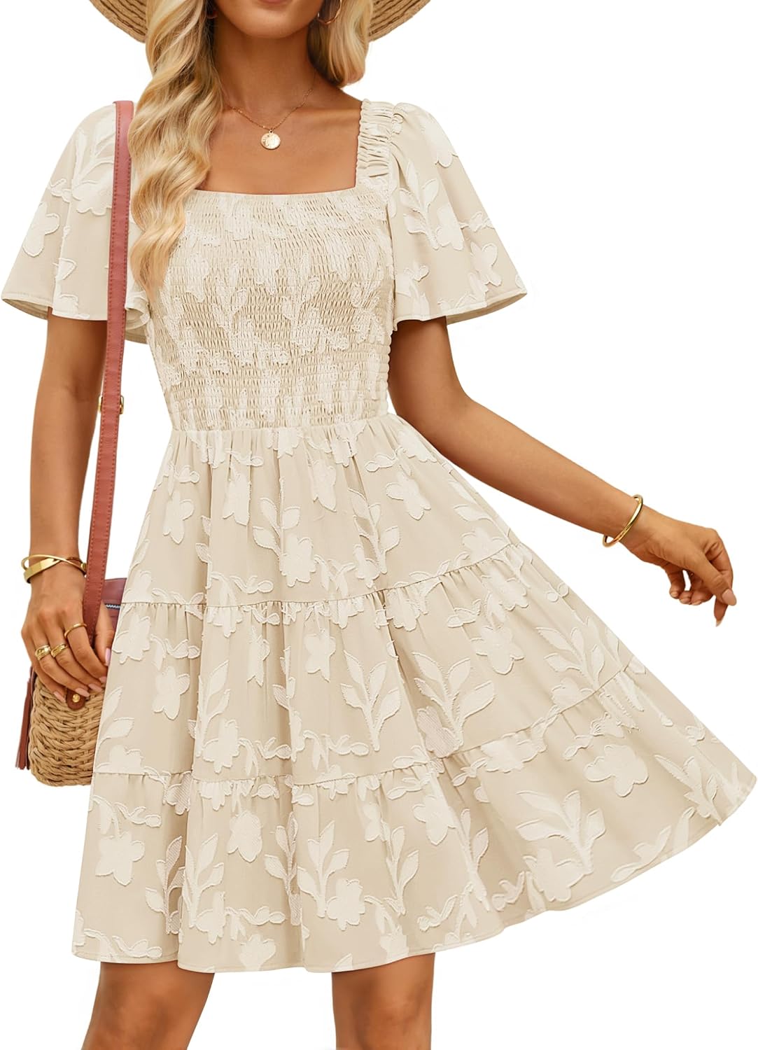 ZESICA Women's 2026 Summer Boho Floral Flowy Mini Dresses | Elegant Short Dress, Swing A Line Dress, Smocked Ruffle, Cute Sundress, Short Sleeve, Square Neck, Beach Vacation Dress