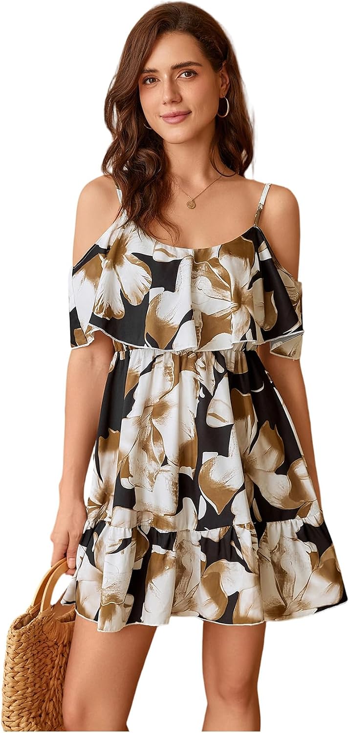 SOLY HUX Women's Summer Floral Mini Dress Cold Shoulder Ruffle Dresses | Boho, Short Sleeve, A Line, Vacation, Sundress