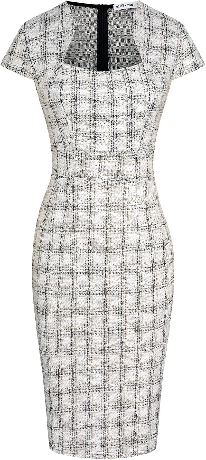 GRACE KARIN Work Dresses for Women Tweed Pencil Dress | Cap sleeve, Knee-length, Zipper back, Sweetheart neck, Stretch fabric, Formal office work business sheath dress