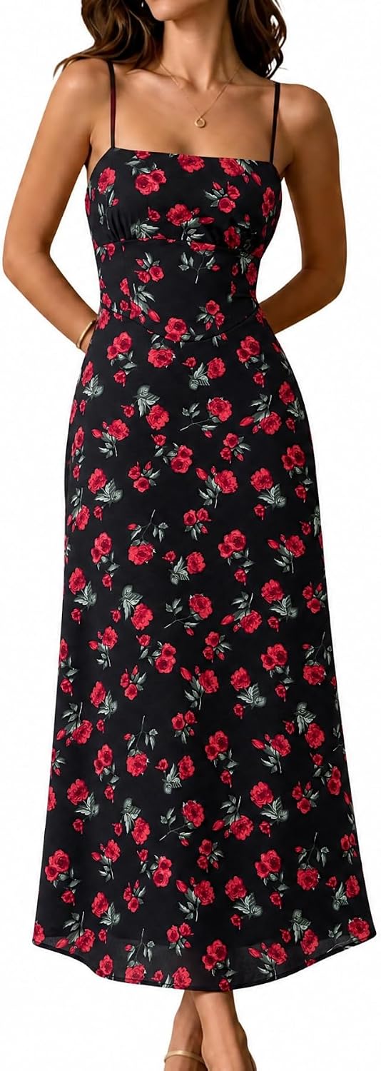 RIHOAS Women's Spaghetti Strap Maxi A-line Formal Tie Back Layered Dresses | Lace up,Zip Up,Square Neck,Cocktail,Garden Party ,Floral wedding guest dresses,Formal Dress,Bridesmaid,Semi Formal Dress