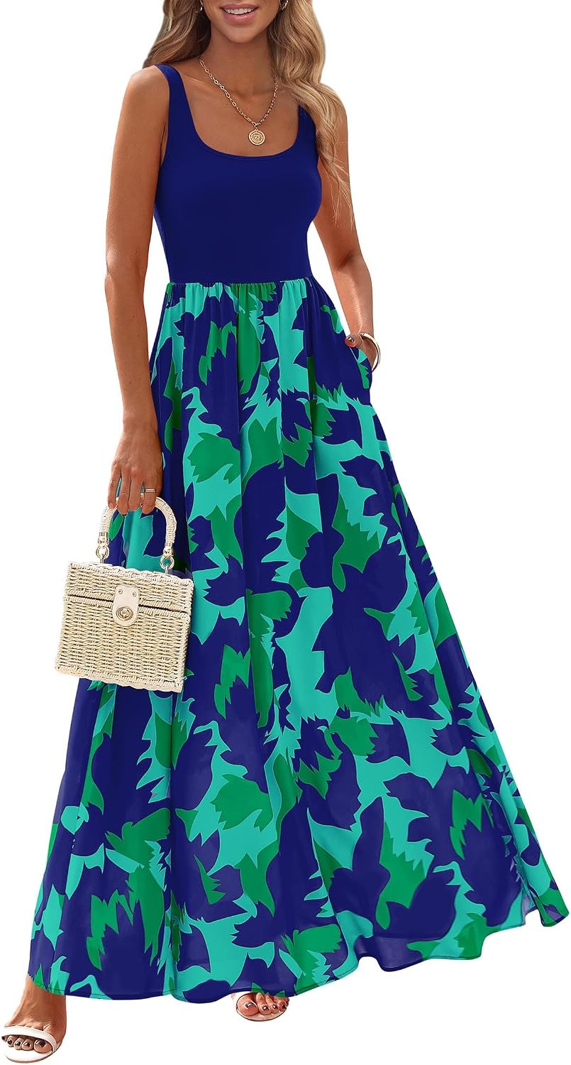 KIRUNDO Women's Summer Maxi Dress Boho Floral Long Sundress | Sleeveless Scoop Neck Tank, Flowy A Line, Bohemian Hawaiian Style Tropical Dresses Pockets, Beach Vacation Cruise Resort Wear