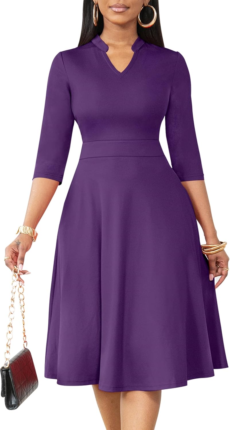 Nmoder Casual Dresses for Women Stand Collar Church Fit and Flare Dress | A-line fit with elegant stand collar, hidden pockets and zipper, ideal for work cocktail wedding guest