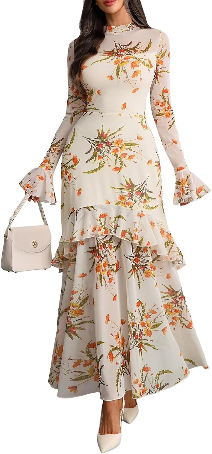 GothDark Women Floral Maxi Dress Bell Sleeve Party Wedding Guest Dresses | Floral Mesh, Tiered Ruffle, Fall Long Sleeve, Casual, Elegant, Date Night, Cocktail, Dinner & Evening Dress