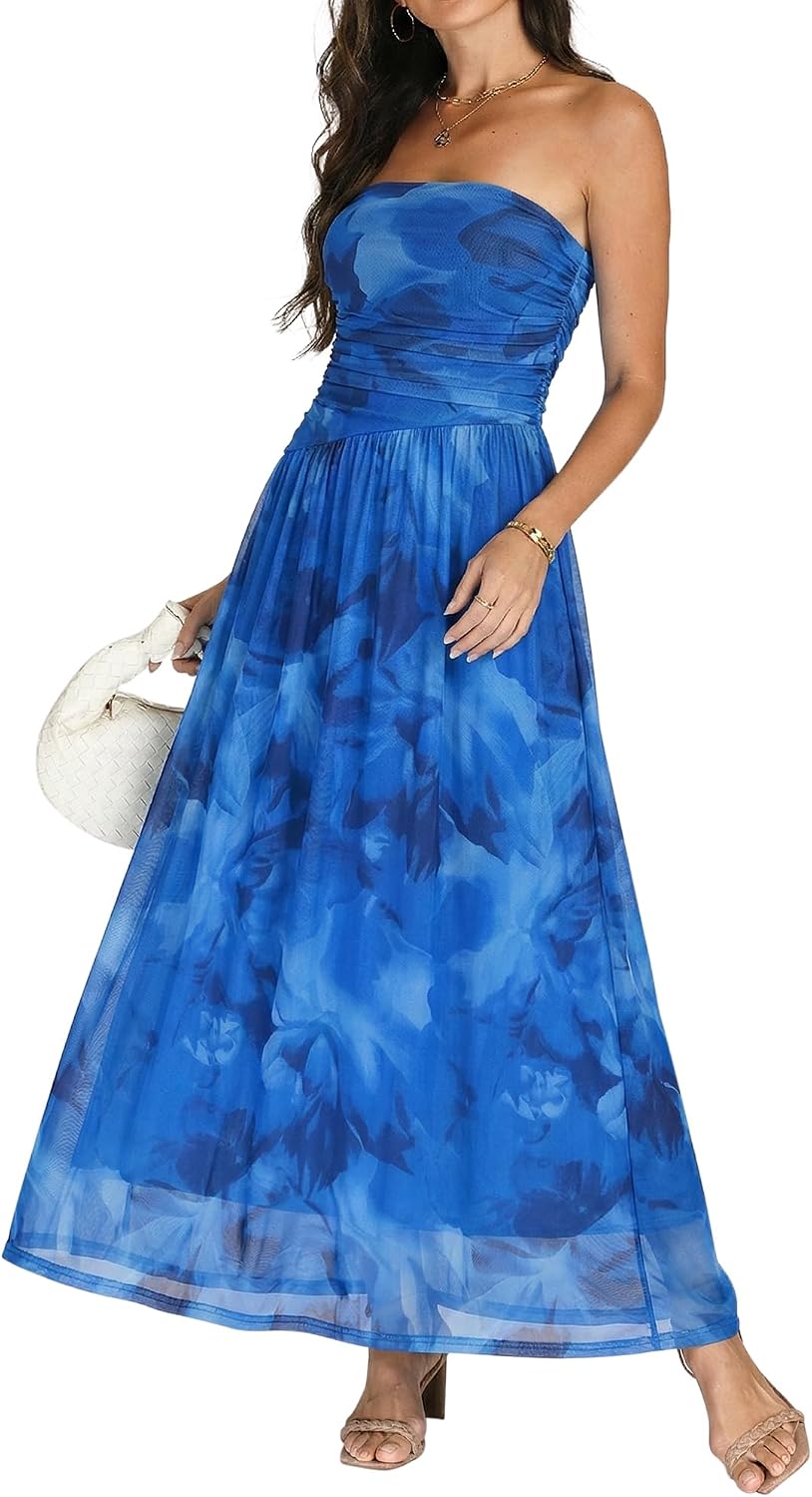 OULESIS Floral Wedding Guest Dresses for Women Mesh Long Flowy Formal Dress | Summer Floral Wedding Guest Maxi Dress for Women Strapless Tube Long Dresses Mesh Flowy Vacation Cocktail Dresses