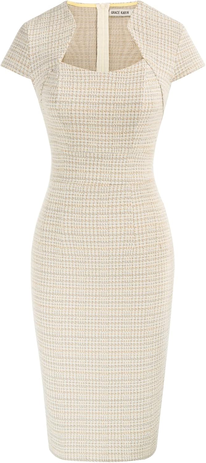 GRACE KARIN Work Dresses for Women Tweed Pencil Dress | Cap sleeve, Knee-length, Zipper back, Sweetheart neck, Stretch fabric, Formal office work business sheath dress