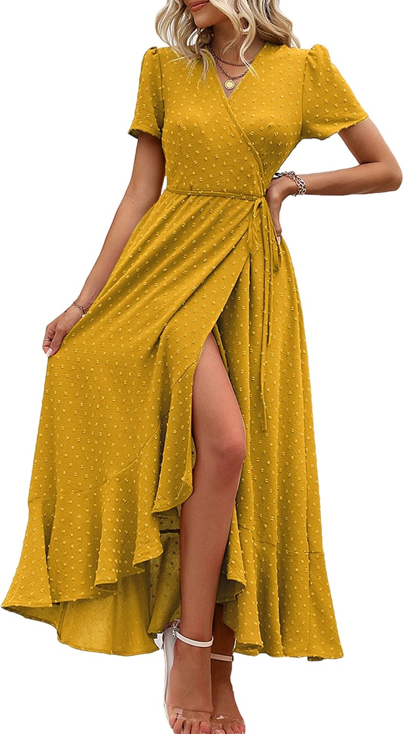 PRETTYGARDEN Women's Boho Floral Summer Maxi Dresses | Short Sleeve Wrap V Neck, Long Flowy Sundress, Spring Wedding Guest Party Outfits, Ruffle Beach Vacation Dress, Resort Wear