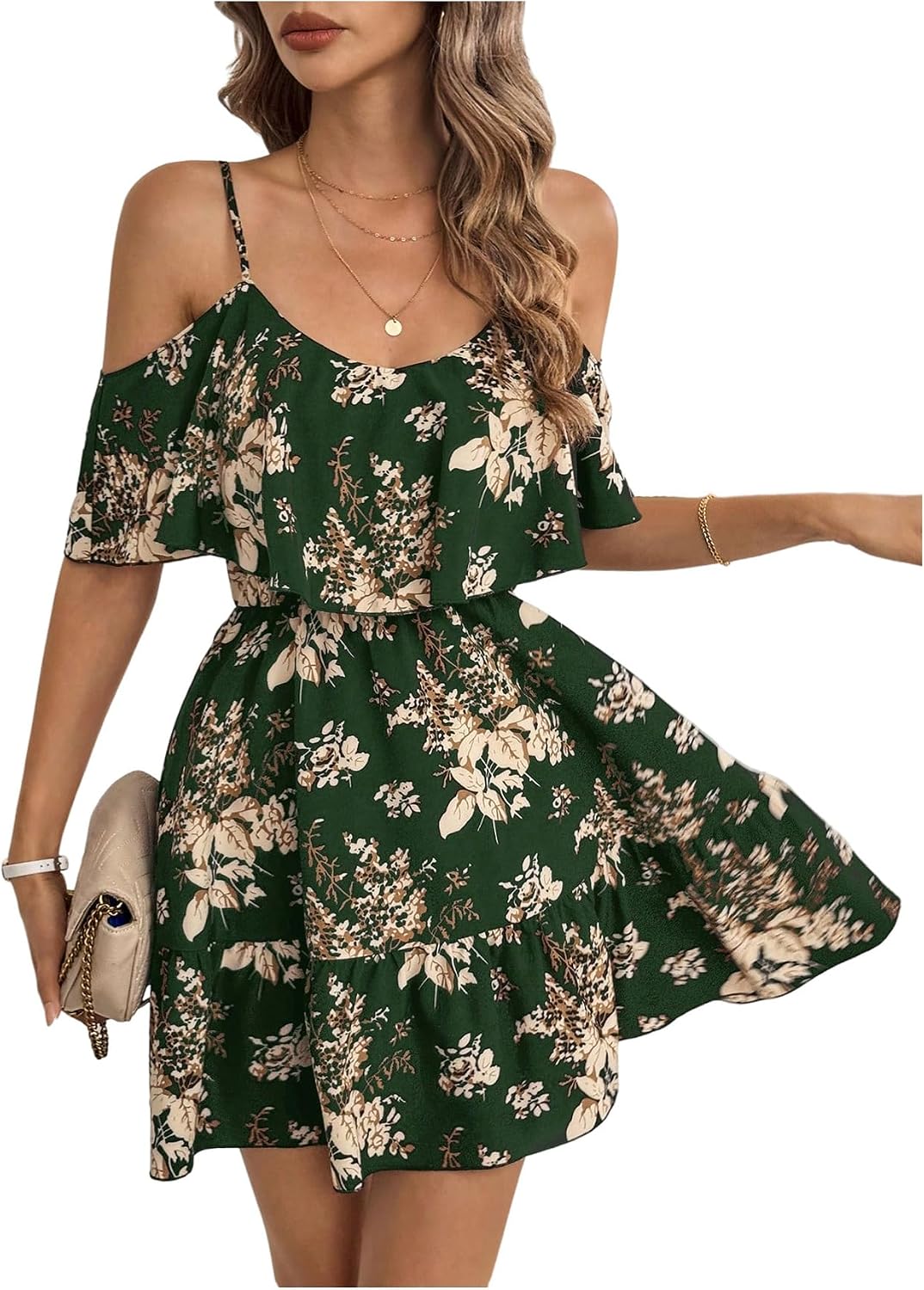 SOLY HUX Women's Summer Floral Mini Dress Cold Shoulder Ruffle Dresses | Boho, Short Sleeve, A Line, Vacation, Sundress