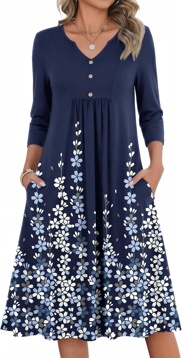 Zeagoo Womens Dresses 3\/4 Sleeve Casual Fall A Line Midi Dress with Pockets | V Neck Empire Waist Sundress, Button Decor, Floral, Boho, Solid Color, Loose Fit, Flowy, Vacation Sundresses