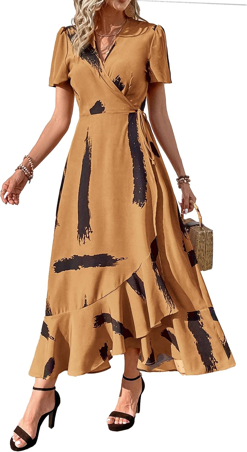 PRETTYGARDEN Women's Boho Floral Summer Maxi Dresses | Short Sleeve Wrap V Neck, Long Flowy Sundress, Spring Wedding Guest Party Outfits, Ruffle Beach Vacation Dress, Resort Wear