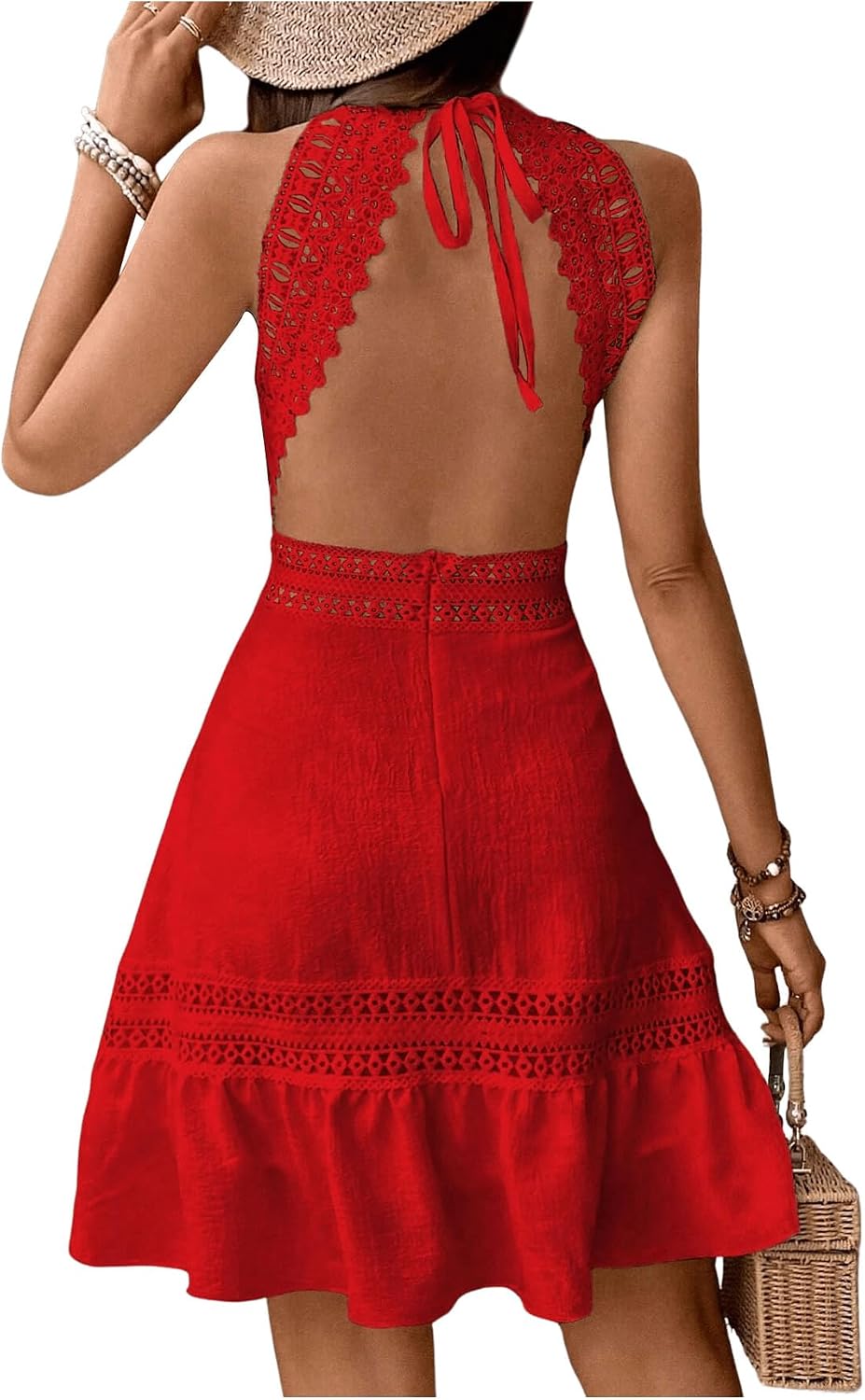 Floerns Women's Contrast Lace Sleeveless Halter Dress Backless Vacation A Line Dress
